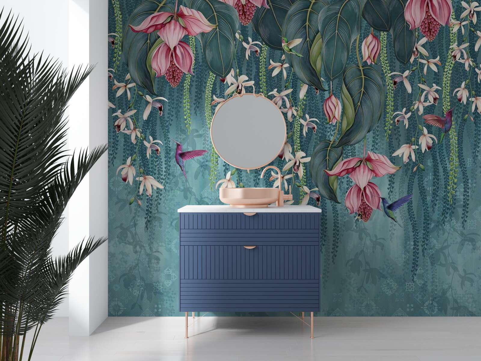 Papier peint des fleurs et des branches vertes suspendues et des colibris