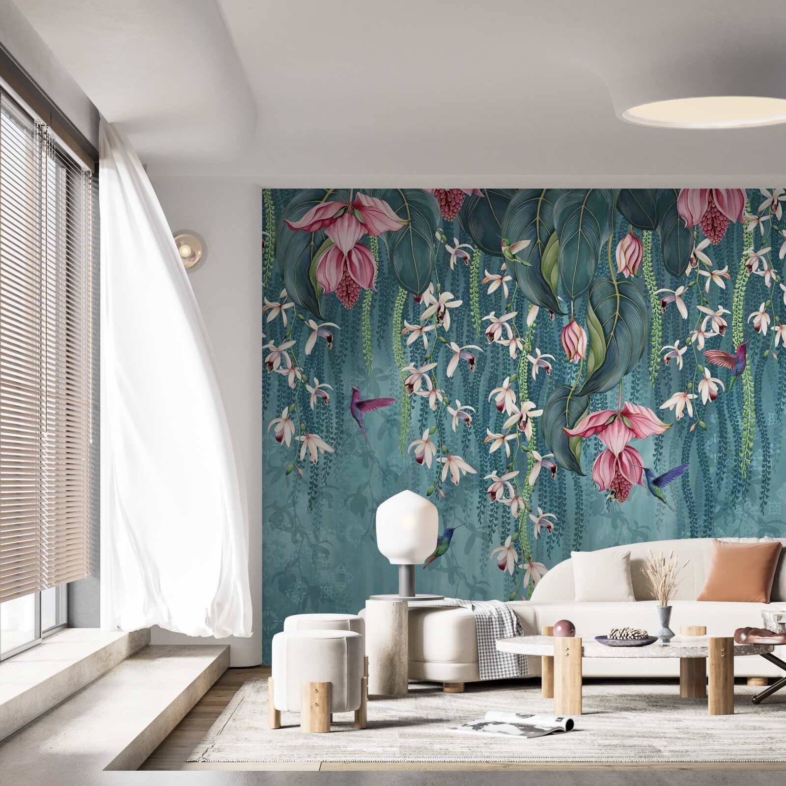 Papier peint des fleurs et des branches vertes suspendues et des colibris