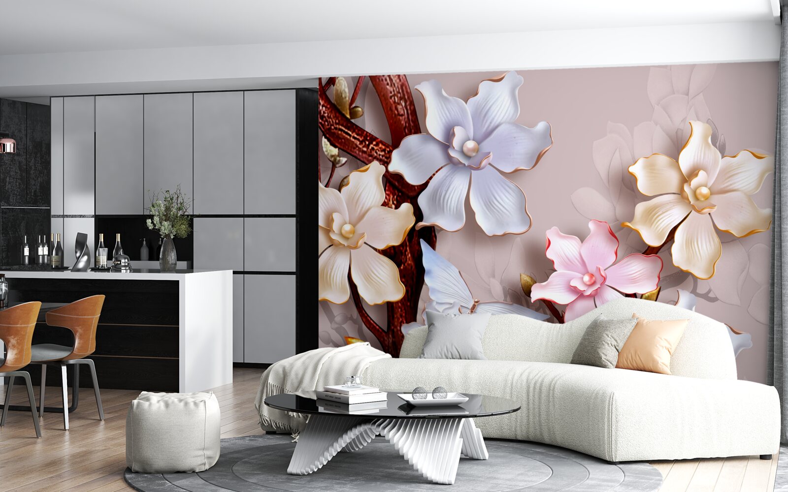 Papier peint fleurs de différentes teintes sur un fond doux