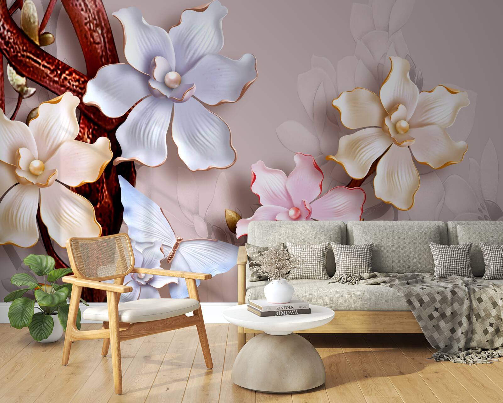 Papier peint fleurs de différentes teintes sur un fond doux