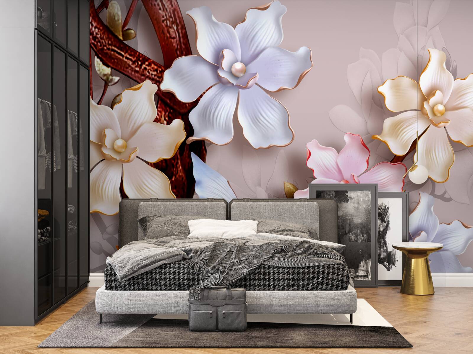 Papier peint fleurs de différentes teintes sur un fond doux