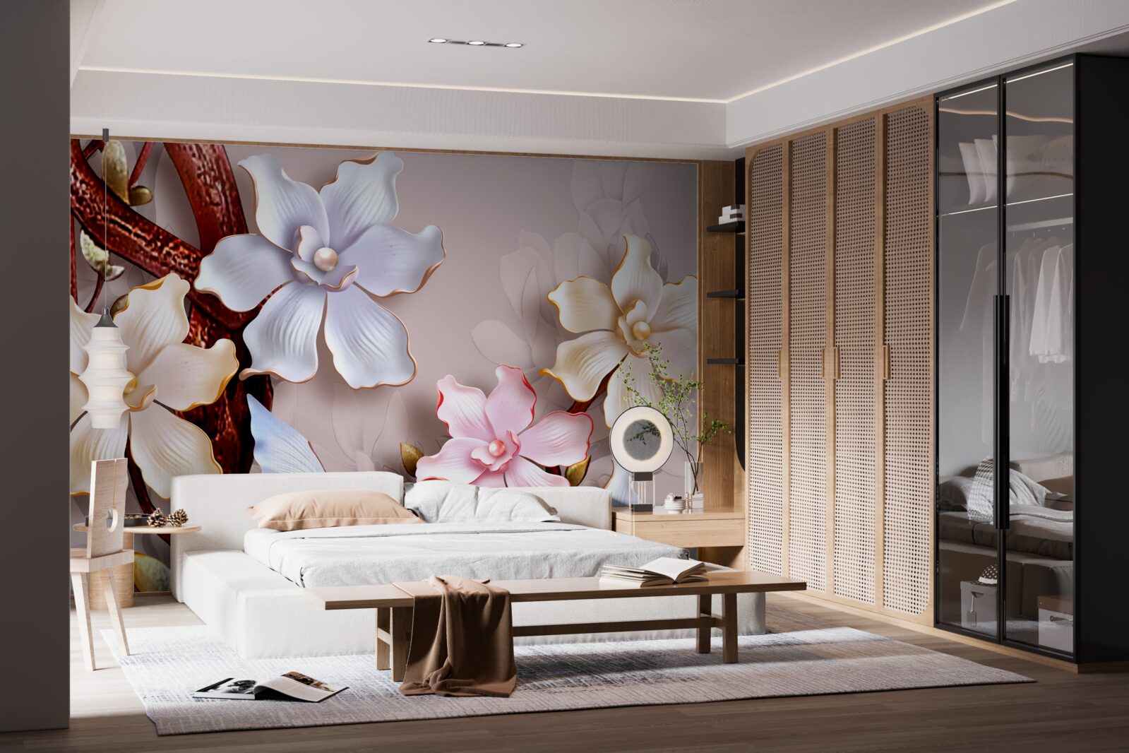 Papier peint fleurs de différentes teintes sur un fond doux