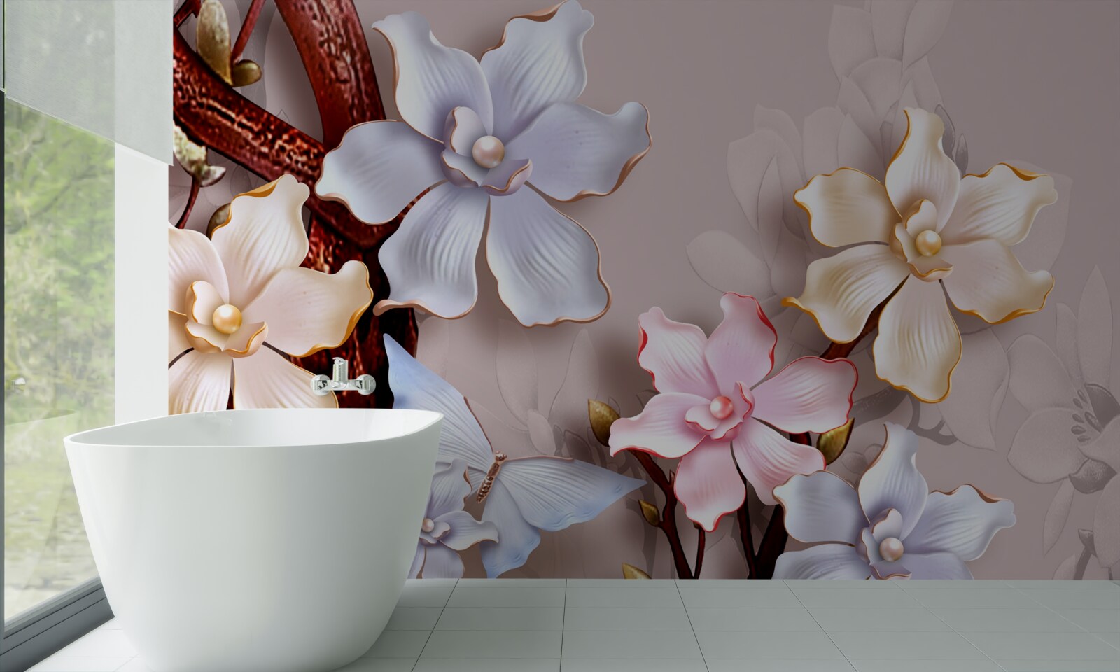 Papier peint fleurs de différentes teintes sur un fond doux