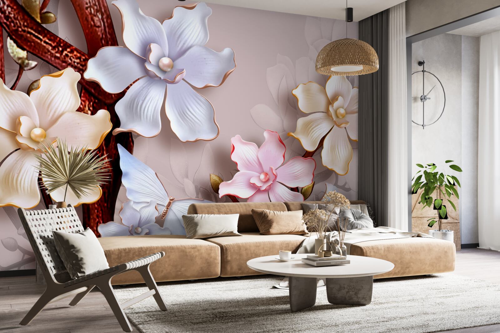 Papier peint fleurs de différentes teintes sur un fond doux