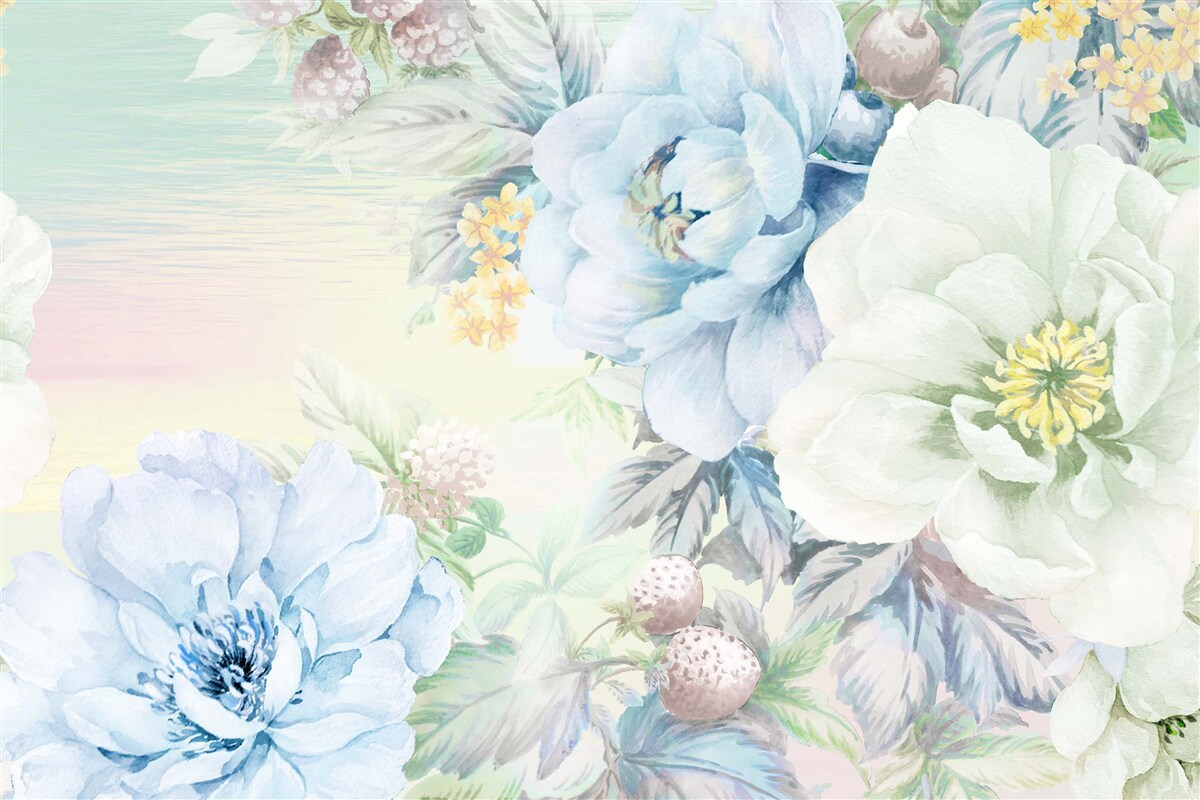 Papier peint des fleurs dans les tons blanc et bleu