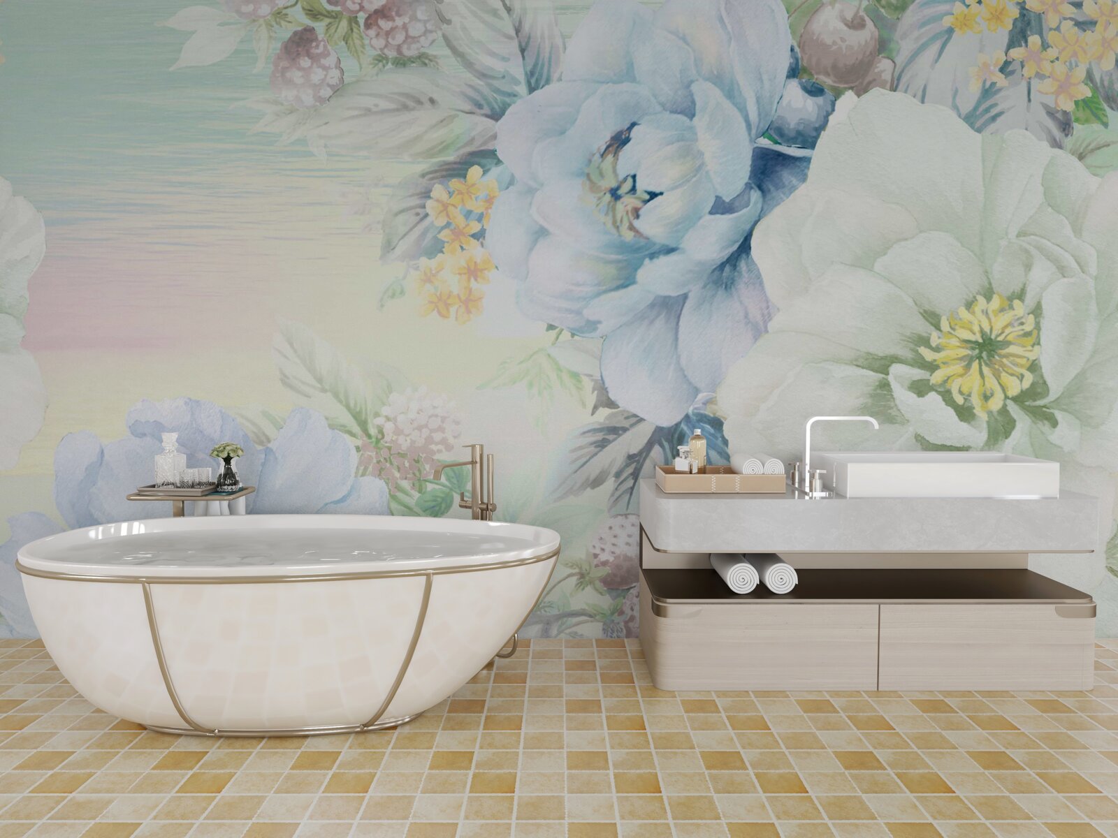 Papier peint des fleurs dans les tons blanc et bleu