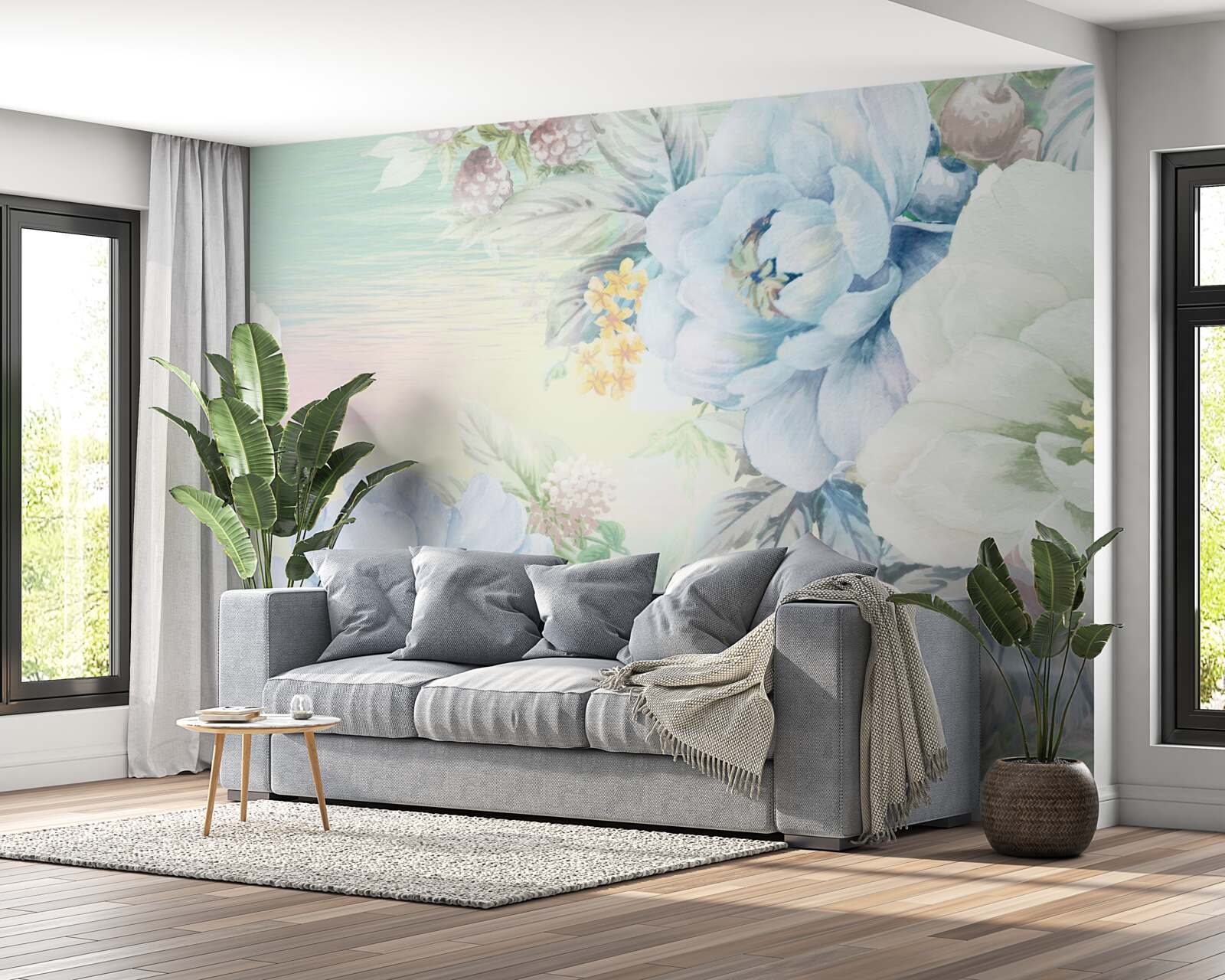 Papier peint des fleurs dans les tons blanc et bleu