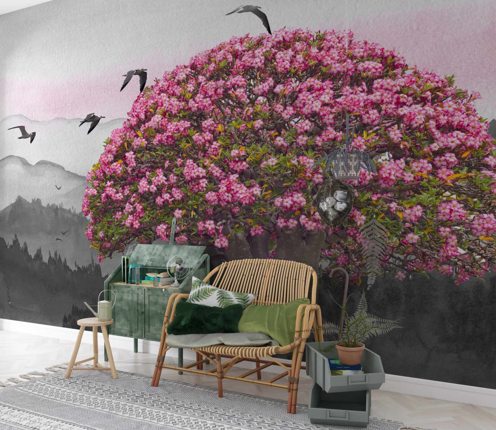 Papier peint des oiseaux survolent un arbre en fleurs