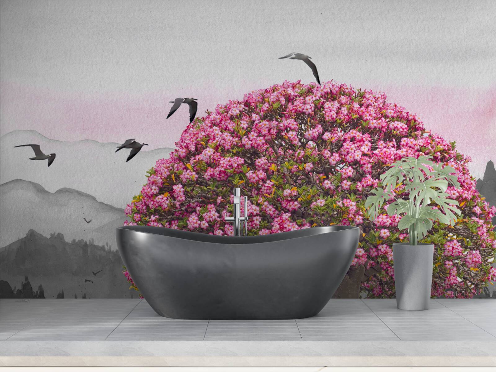 Papier peint des oiseaux survolent un arbre en fleurs