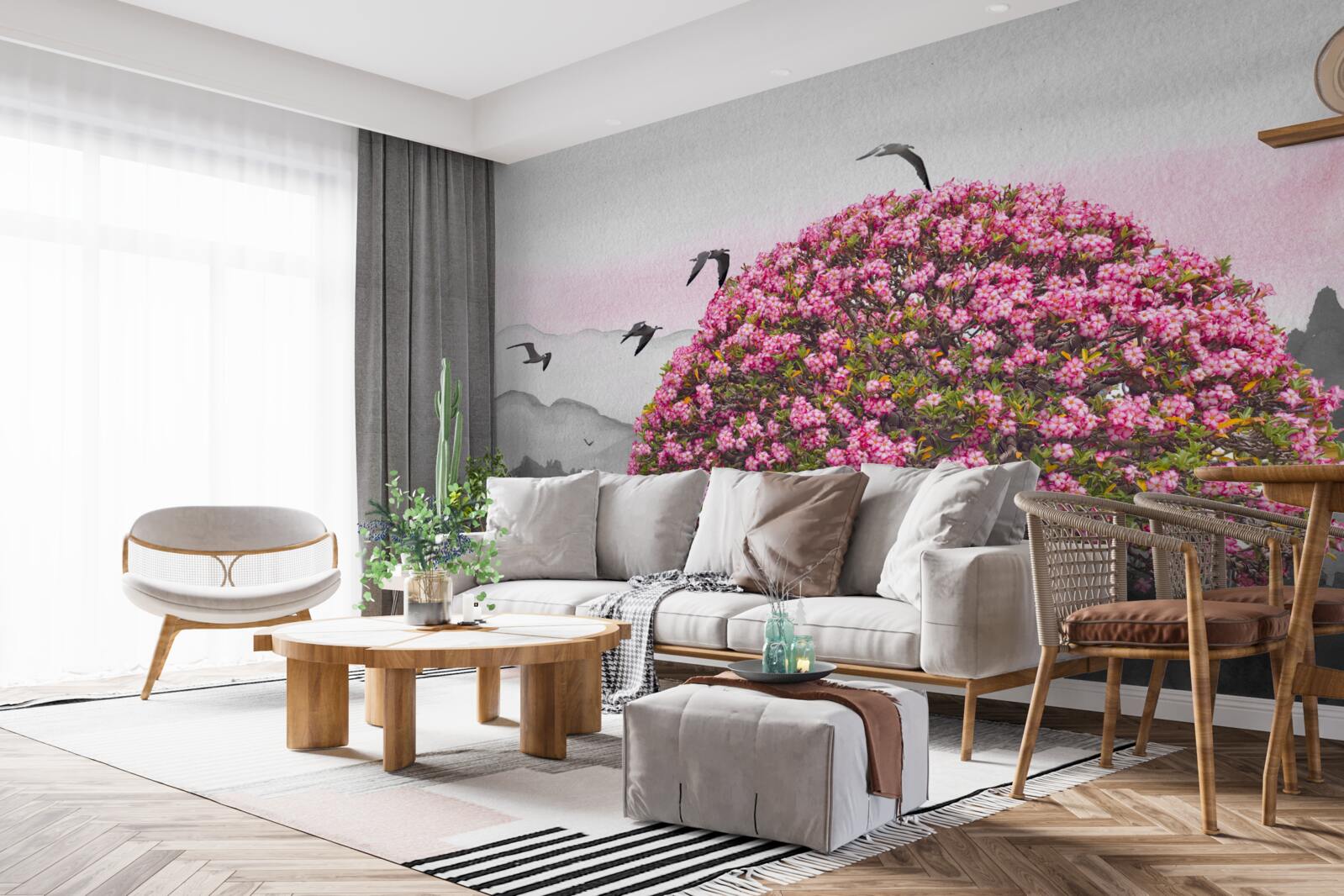 Papier peint des oiseaux survolent un arbre en fleurs