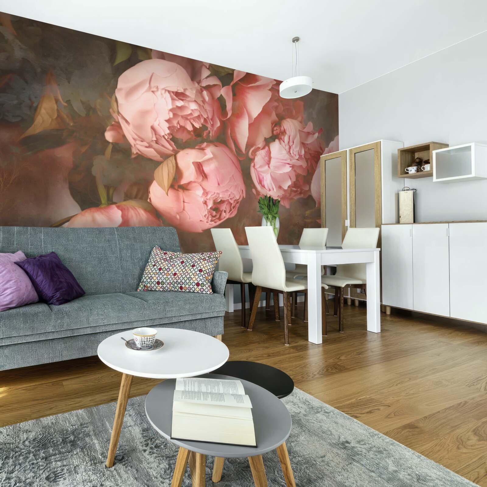 Papier peint pivoines roses dans des tons délicats