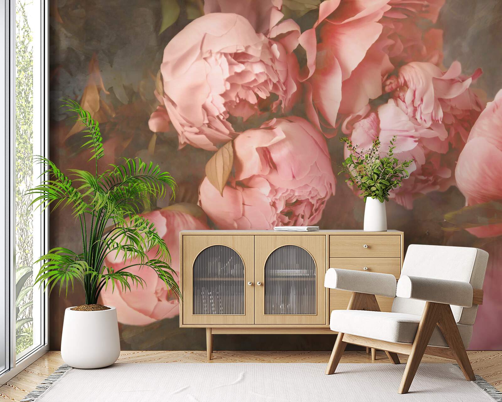 Papier peint pivoines roses dans des tons délicats