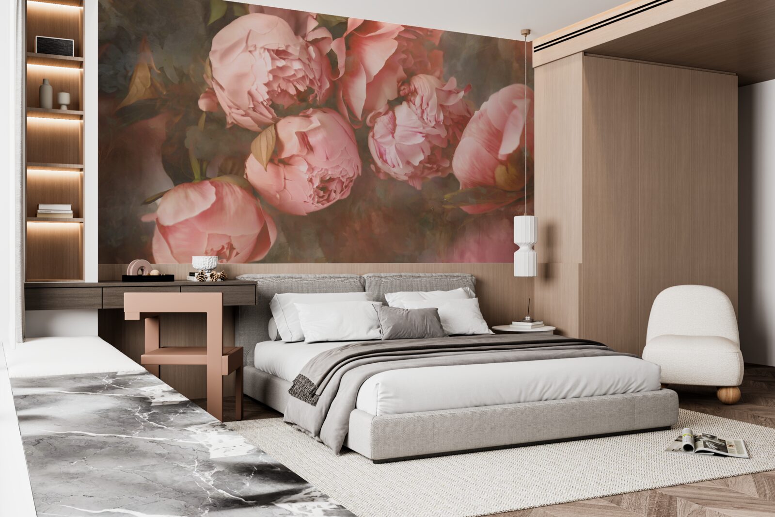 Papier peint pivoines roses dans des tons délicats