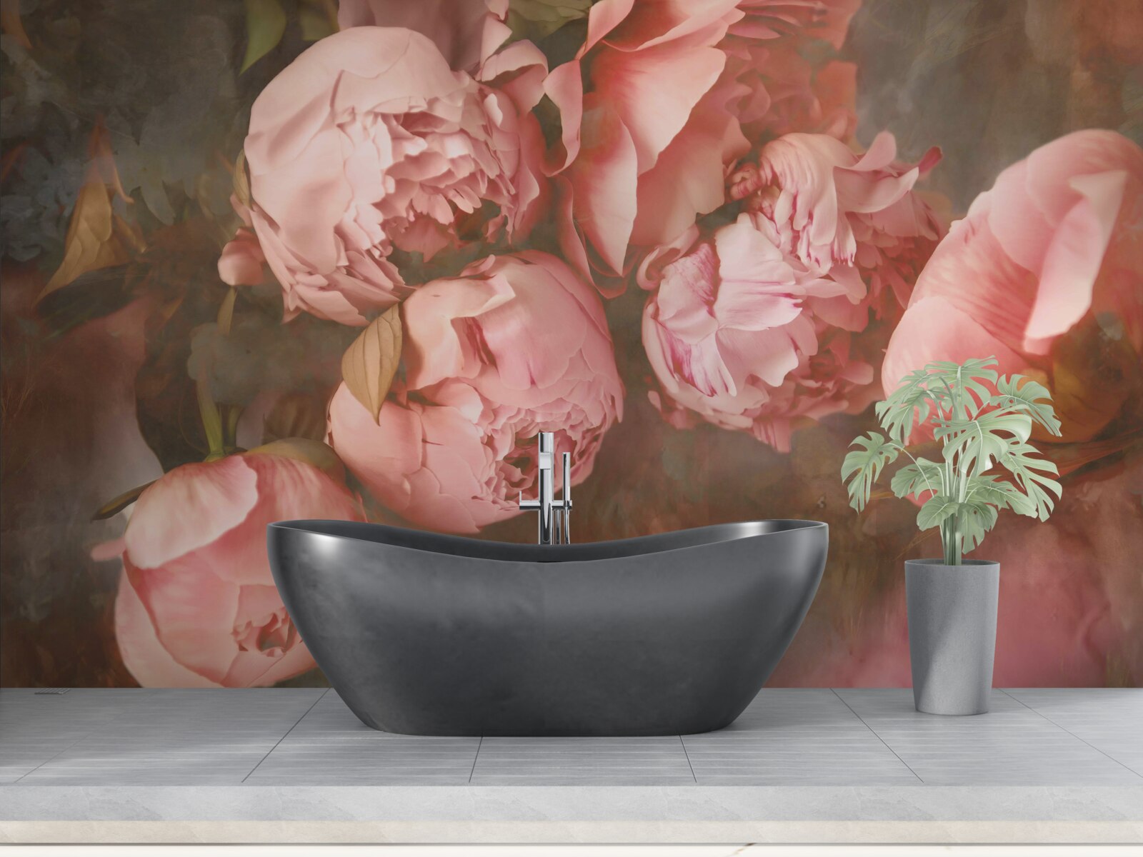 Papier peint pivoines roses dans des tons délicats