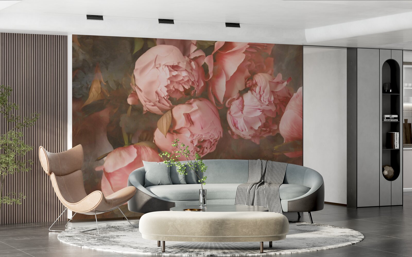 Papier peint pivoines roses dans des tons délicats