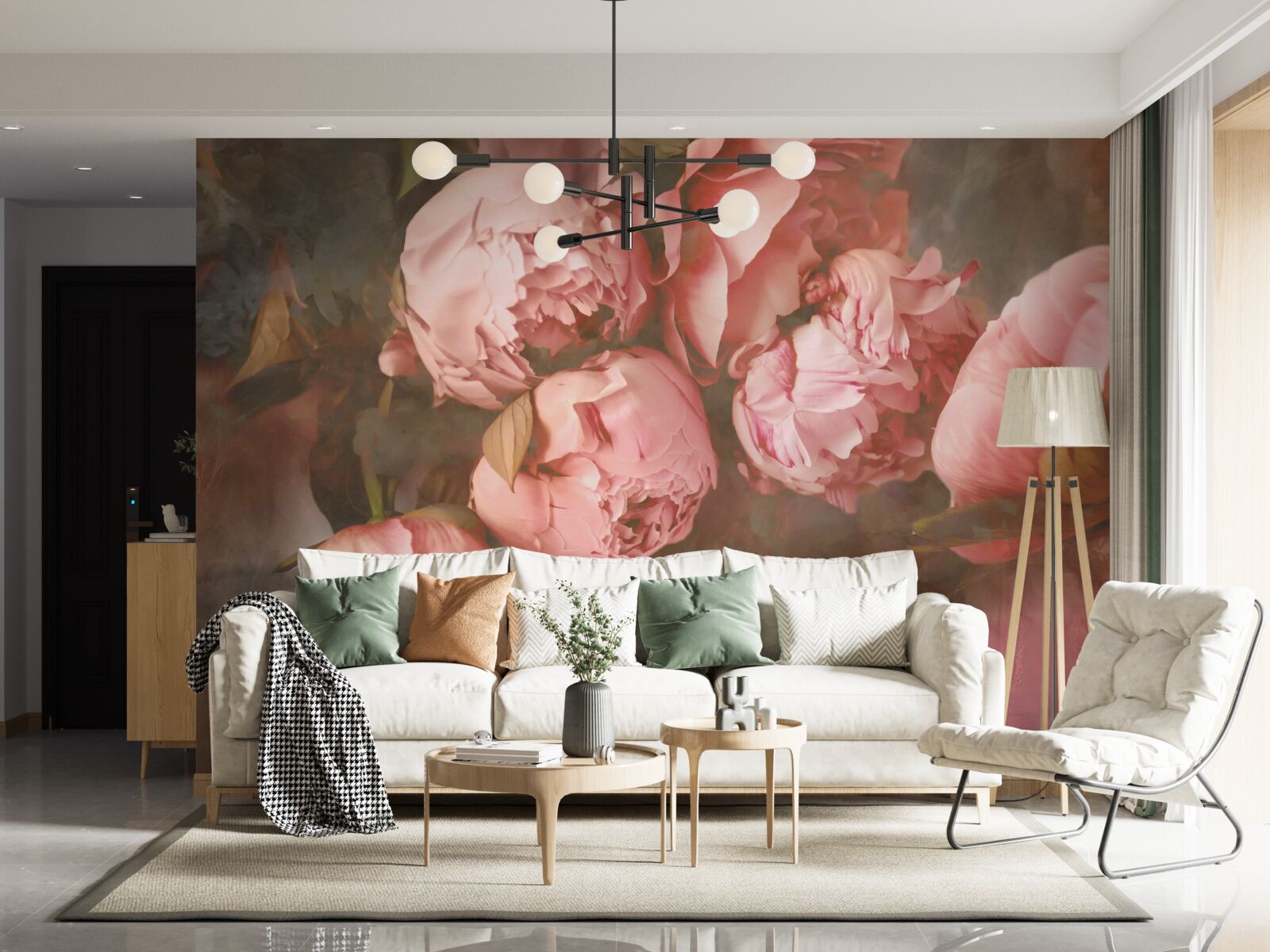 Papier peint pivoines roses dans des tons délicats