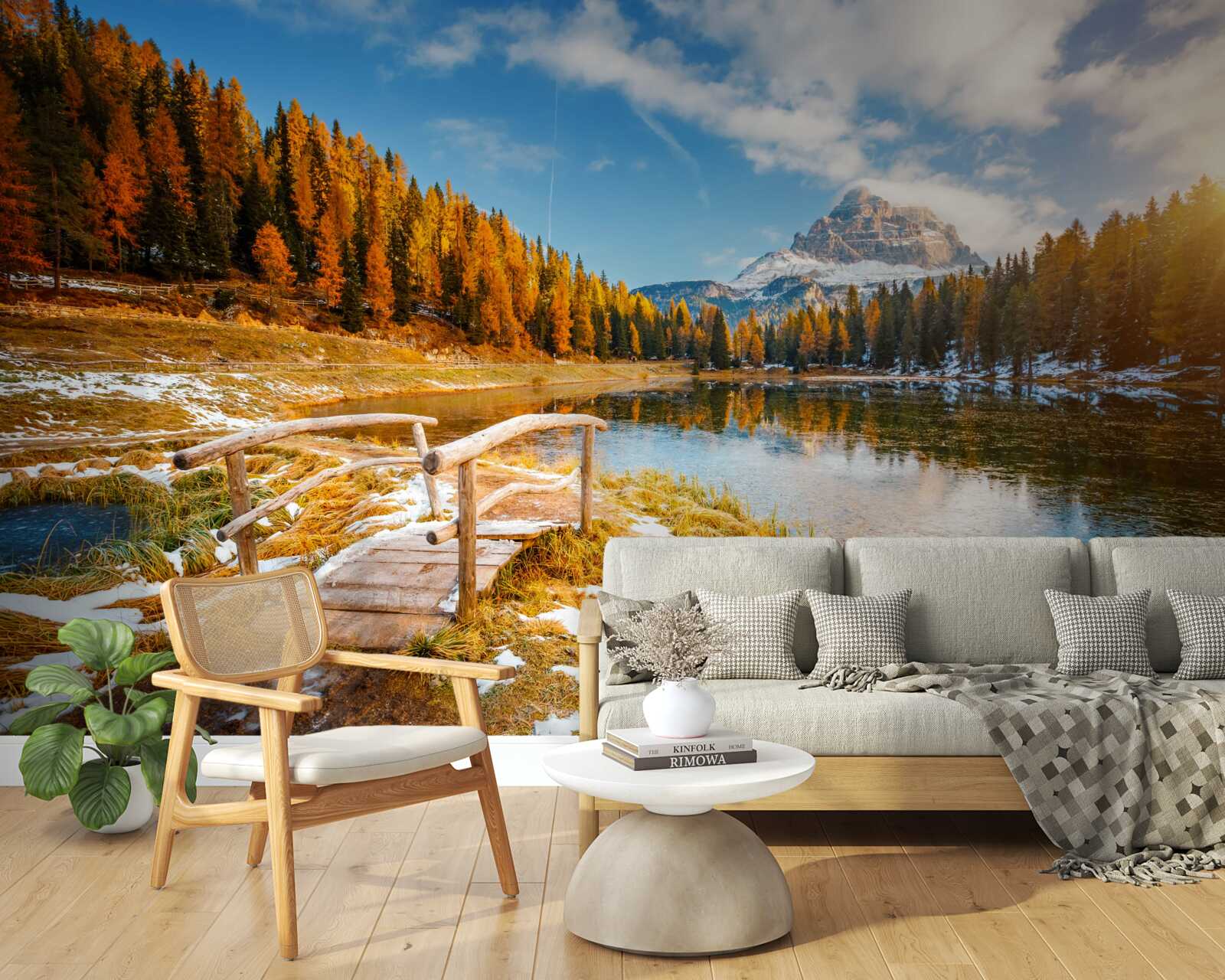 Papier peint paysage d'automne avec une montagne à l'horizon