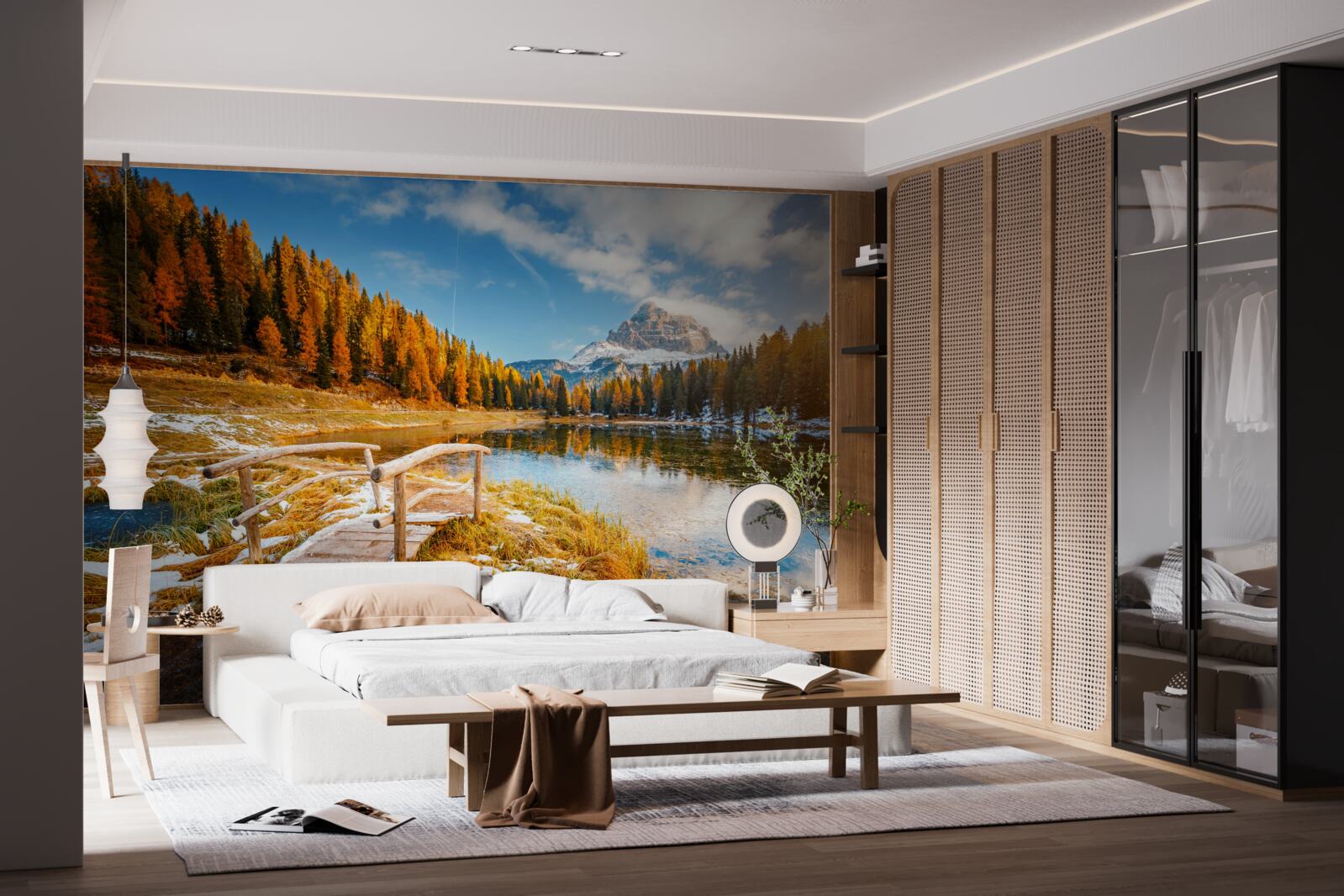 Papier peint paysage d'automne avec une montagne à l'horizon