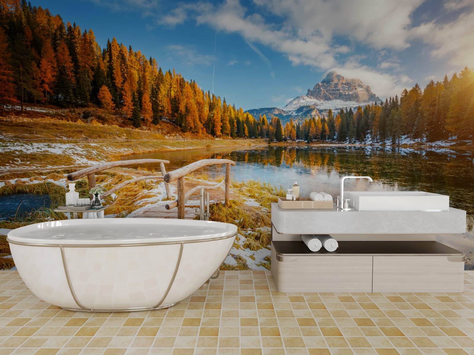 Papier peint paysage d'automne avec une montagne à l'horizon