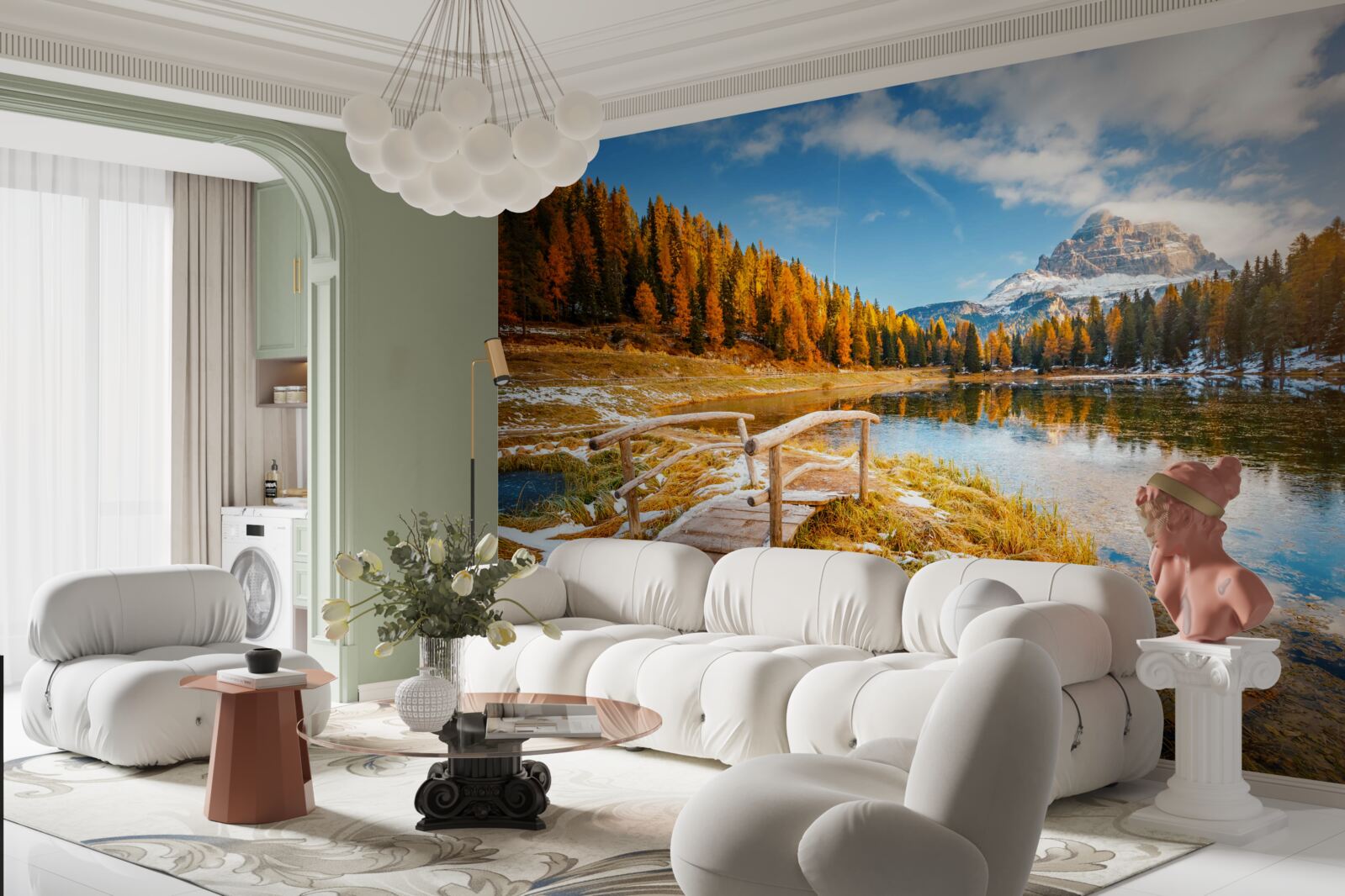 Papier peint paysage d'automne avec une montagne à l'horizon