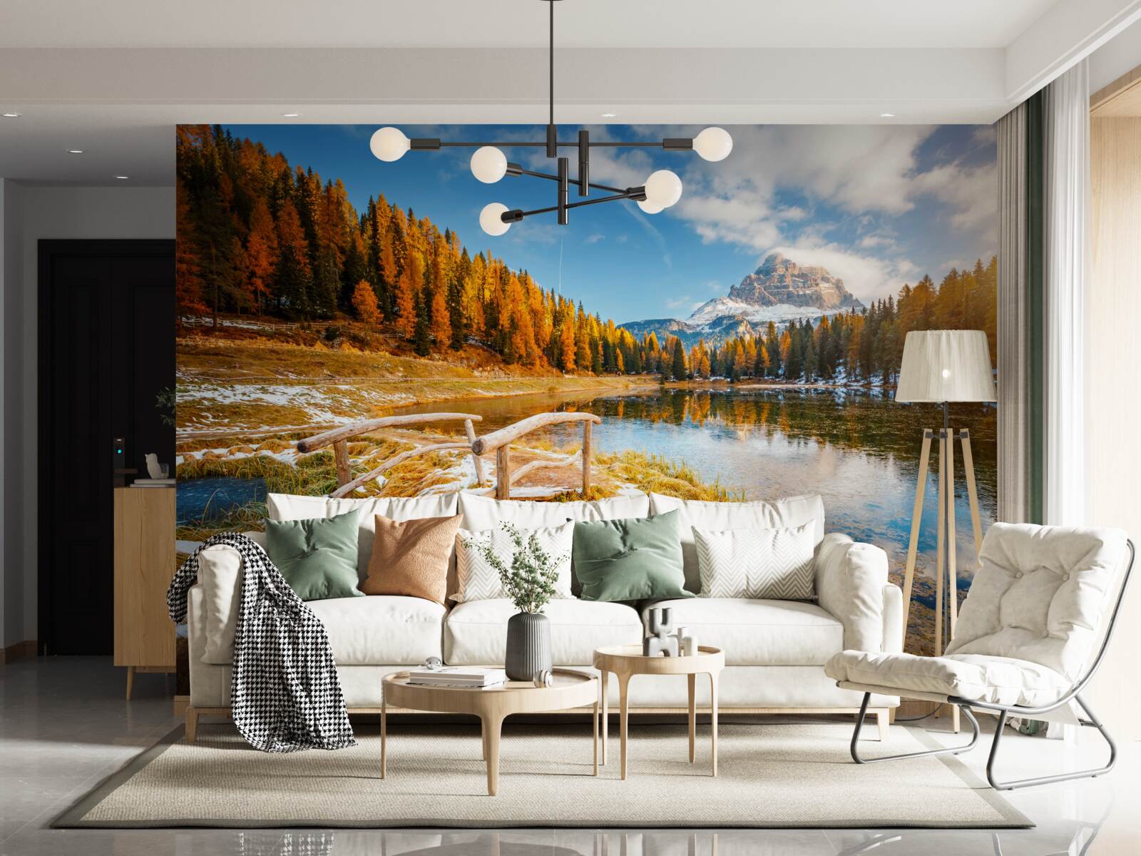 Papier peint paysage d'automne avec une montagne à l'horizon