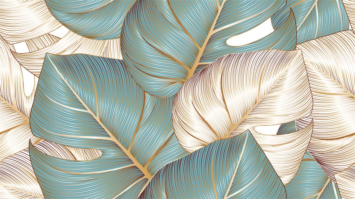 Papier peint grandes feuilles vertes et dorées