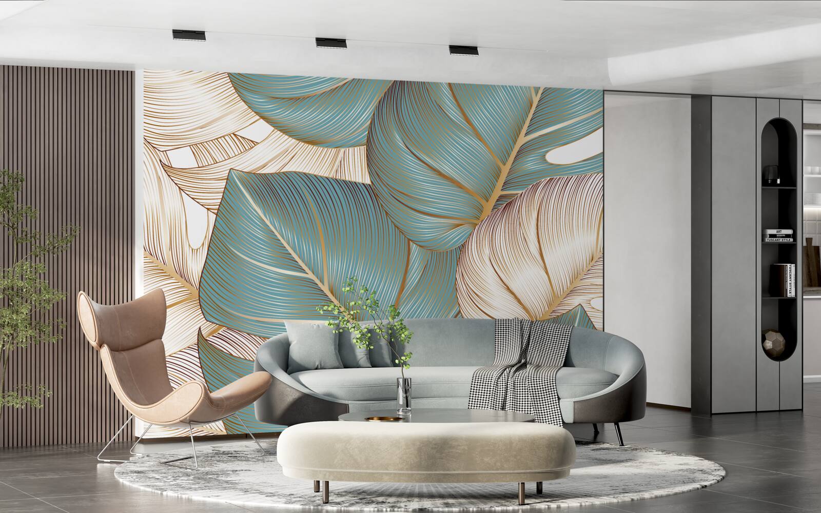 Papier peint grandes feuilles vertes et dorées