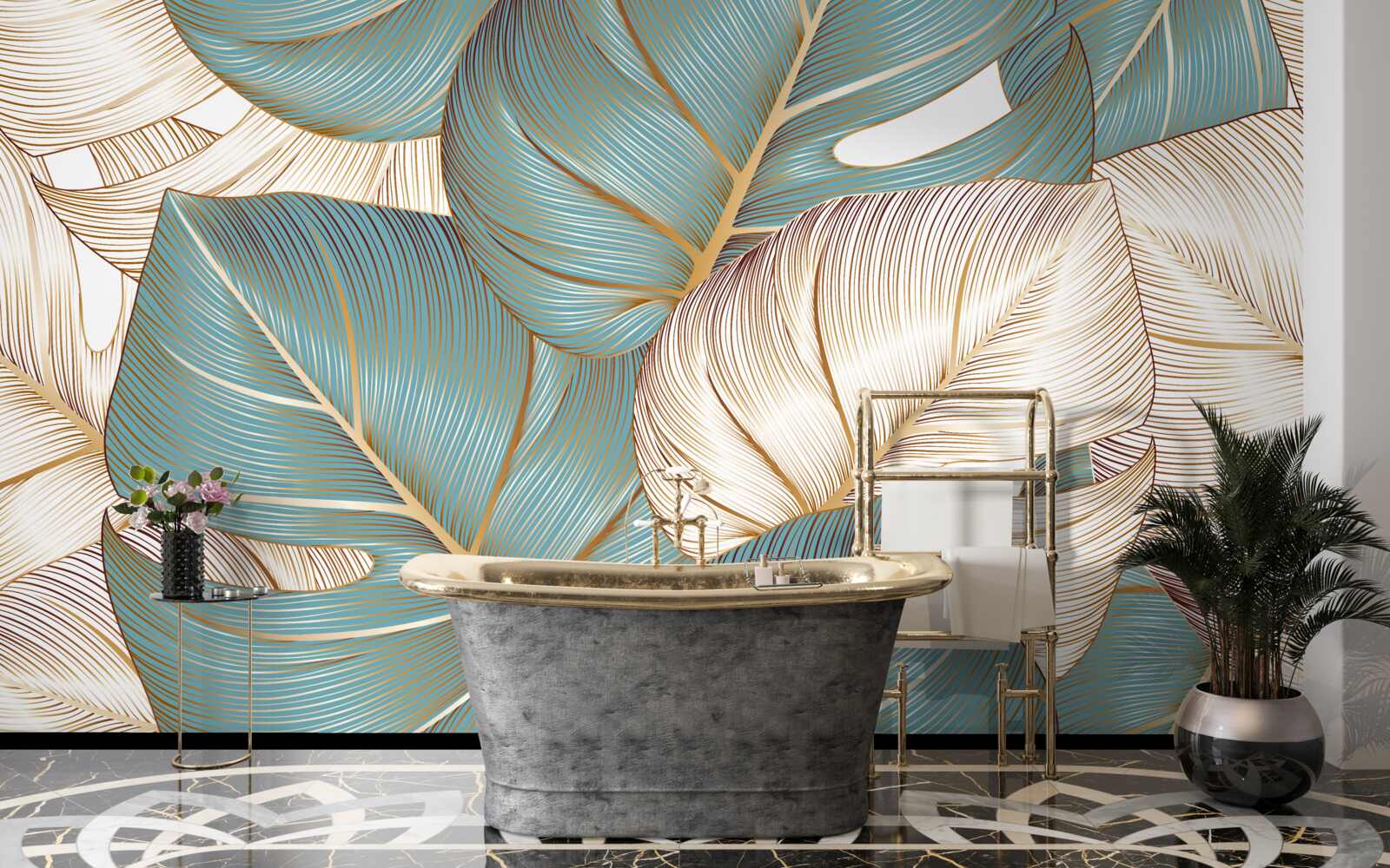 Papier peint grandes feuilles vertes et dorées