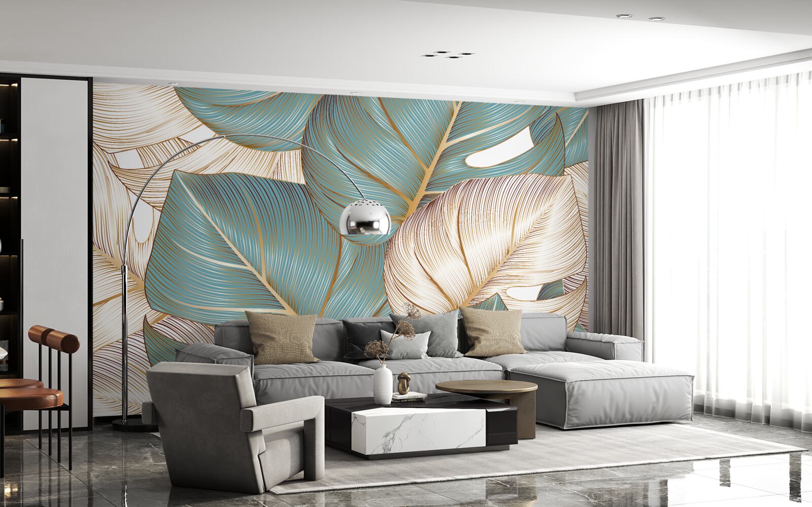 Papier peint grandes feuilles vertes et dorées