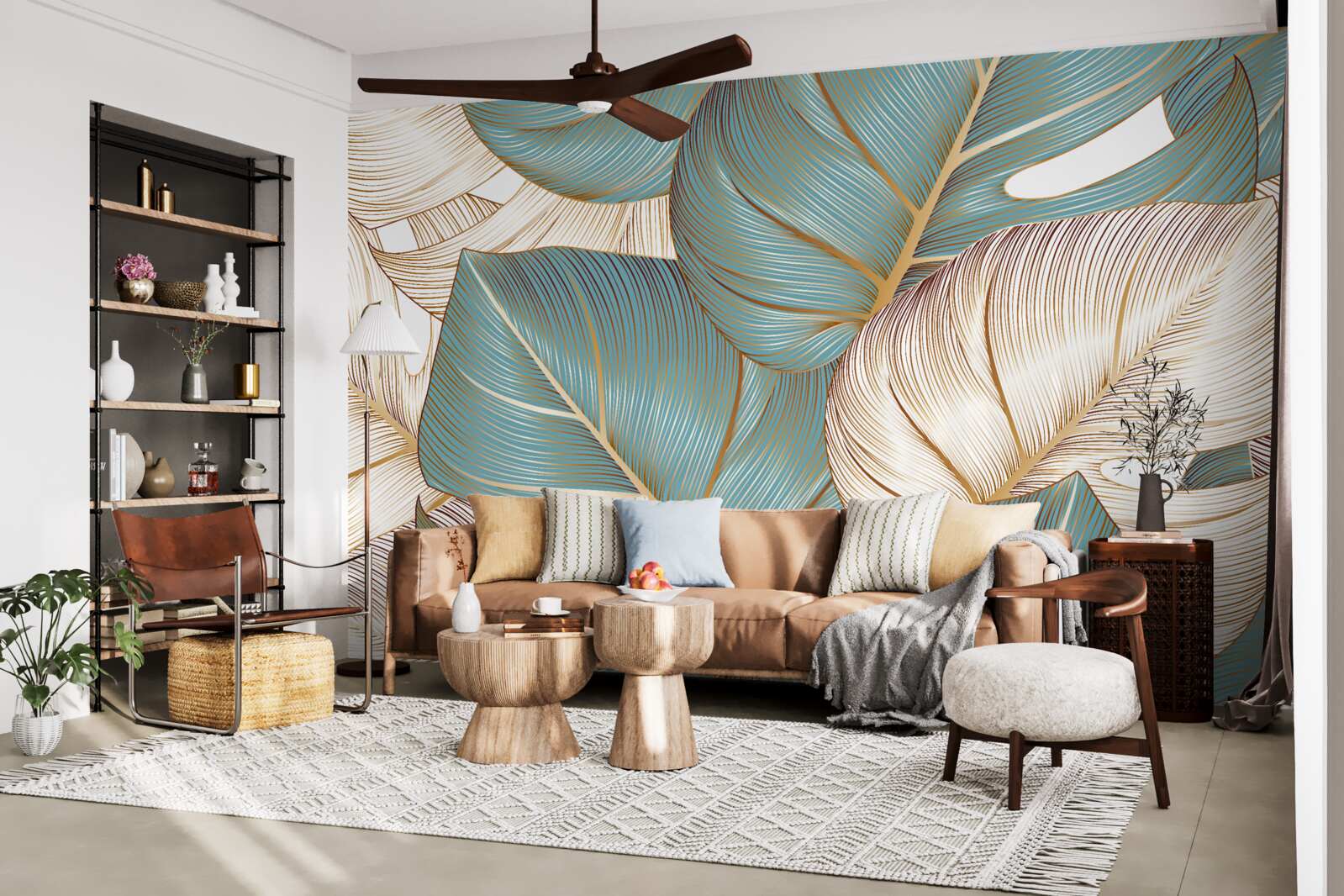 Papier peint grandes feuilles vertes et dorées