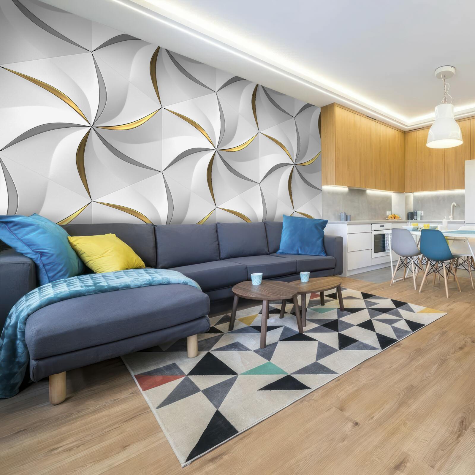 Papier peint tourbillons de gris et d'or sur fond blanc