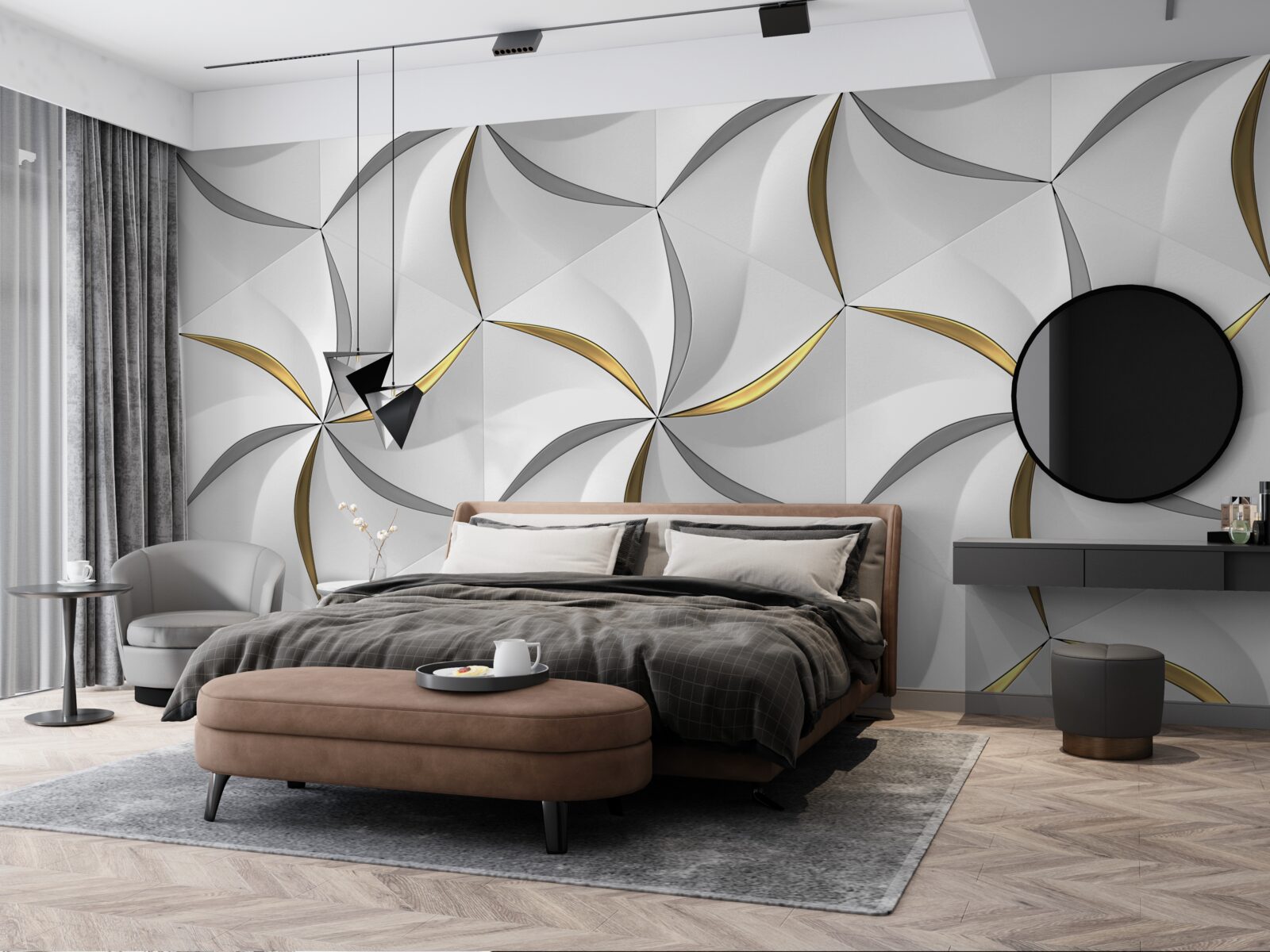 Papier peint tourbillons de gris et d'or sur fond blanc