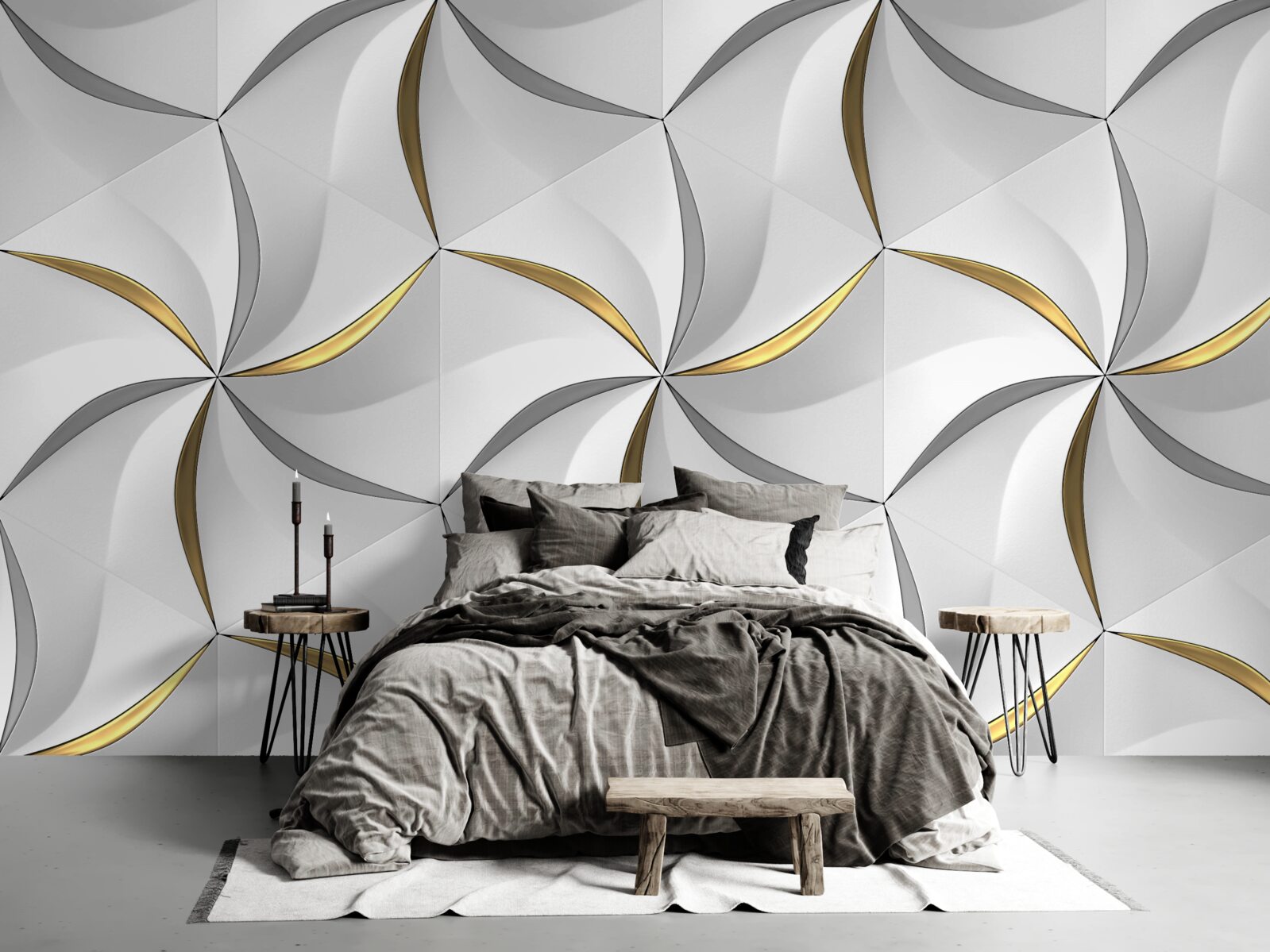 Papier peint tourbillons de gris et d'or sur fond blanc