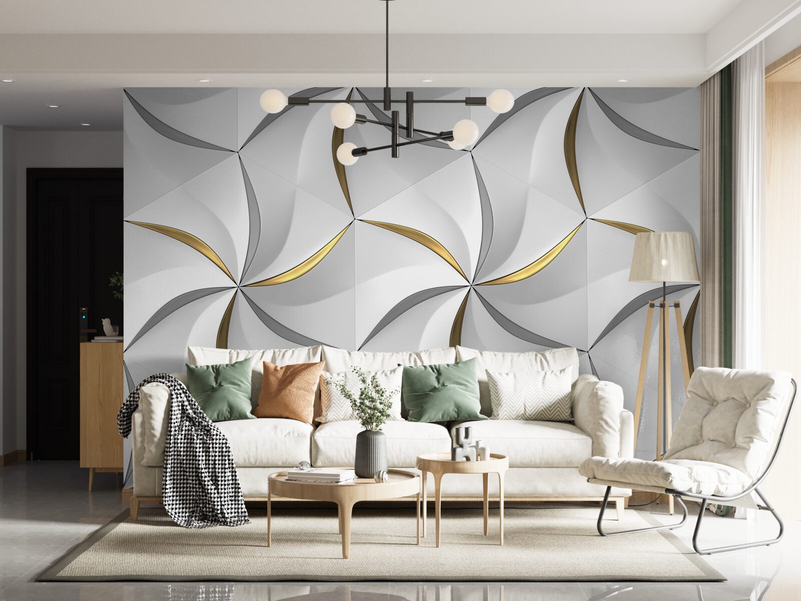 Papier peint tourbillons de gris et d'or sur fond blanc