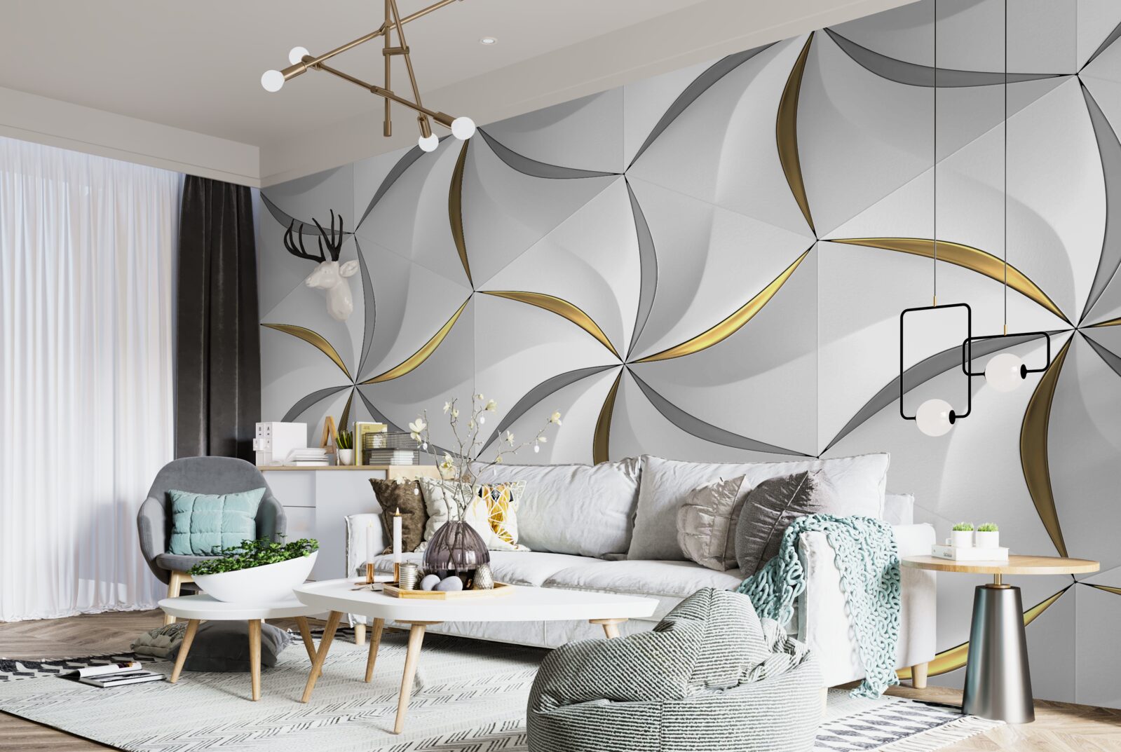 Papier peint tourbillons de gris et d'or sur fond blanc