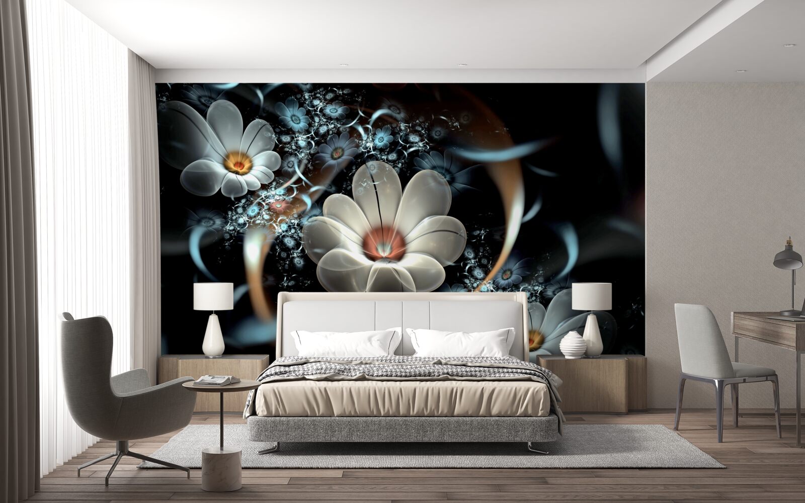 Papier peint les grandes fleurs sont blanches