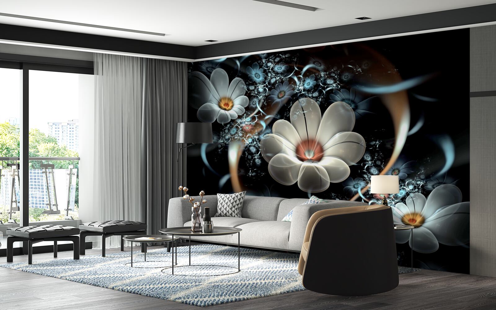 Papier peint les grandes fleurs sont blanches