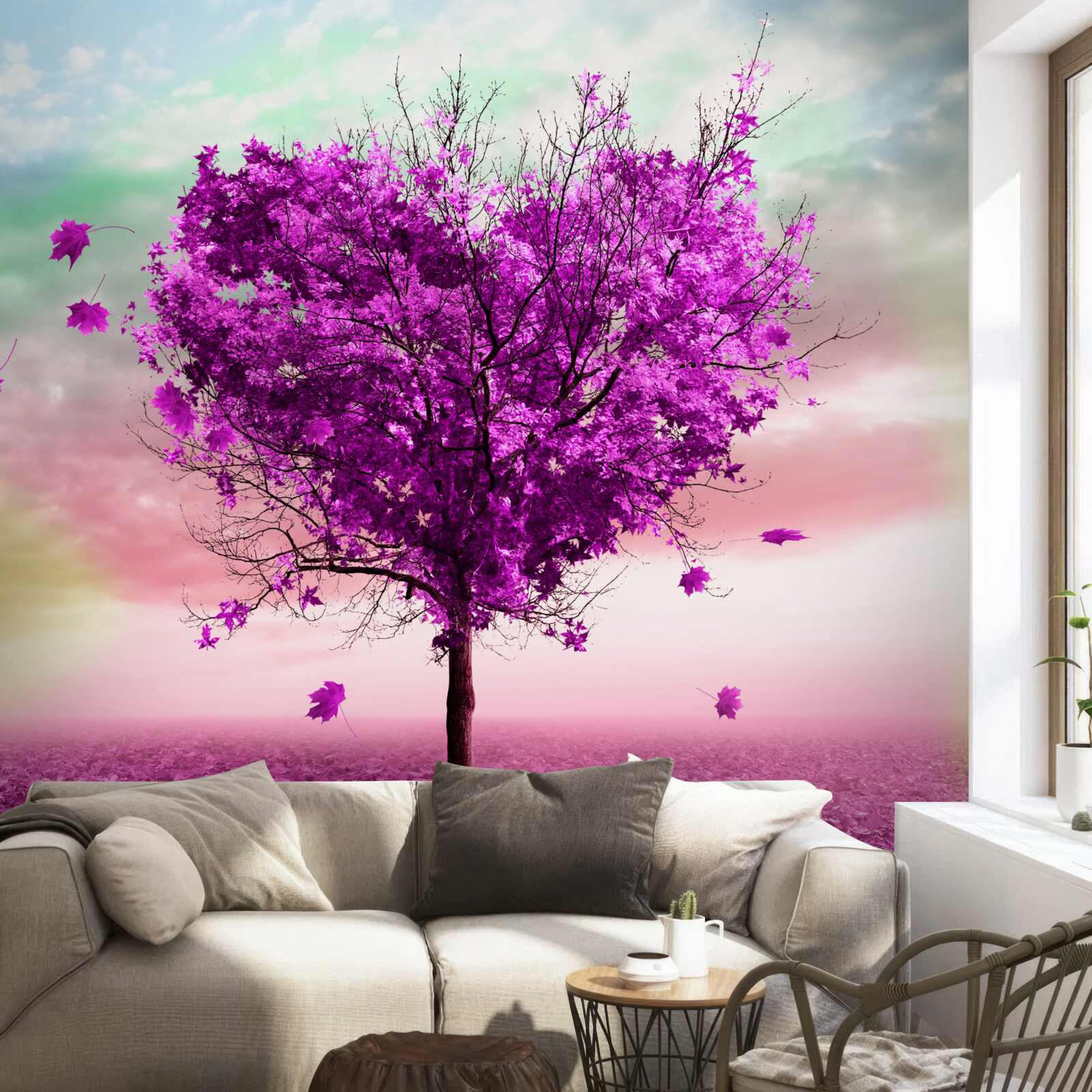 Papier peint arbre avec des feuilles violettes en train de tomber