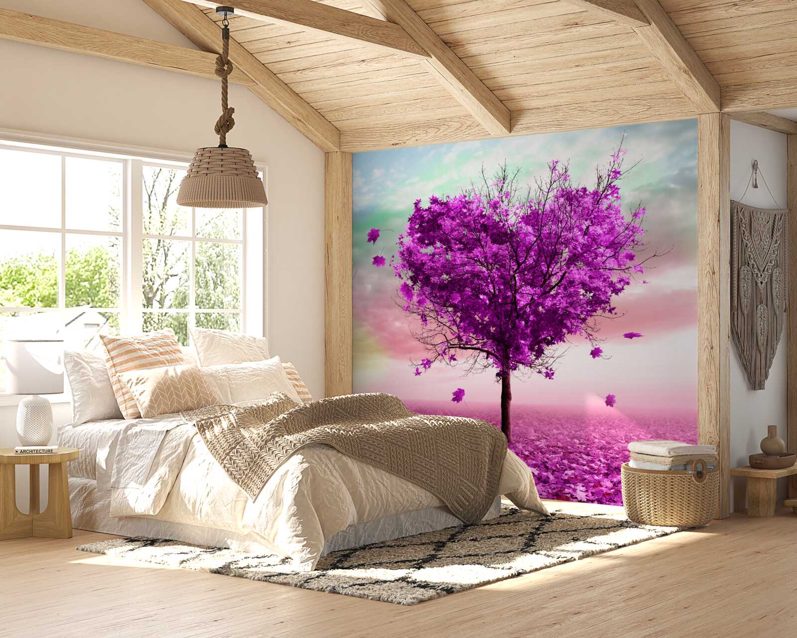 Papier peint arbre avec des feuilles violettes en train de tomber