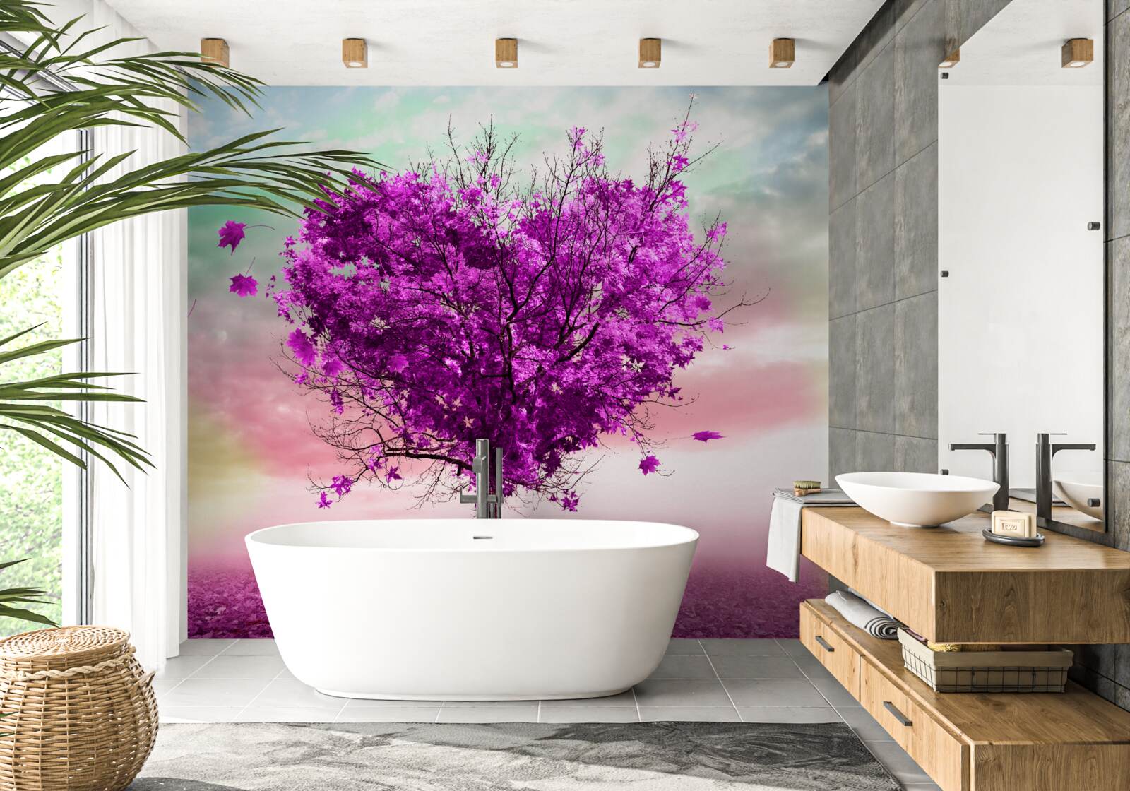 Papier peint arbre avec des feuilles violettes en train de tomber