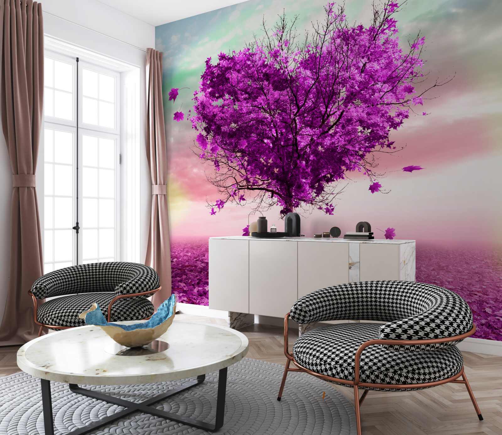 Papier peint arbre avec des feuilles violettes en train de tomber