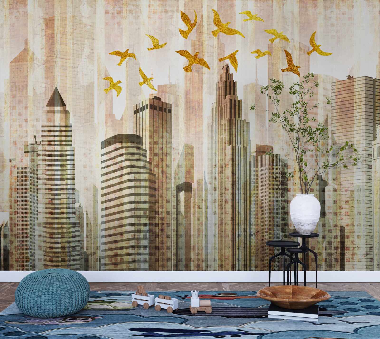 Papier peint les gratte-ciel au-dessus desquels volent les oiseaux