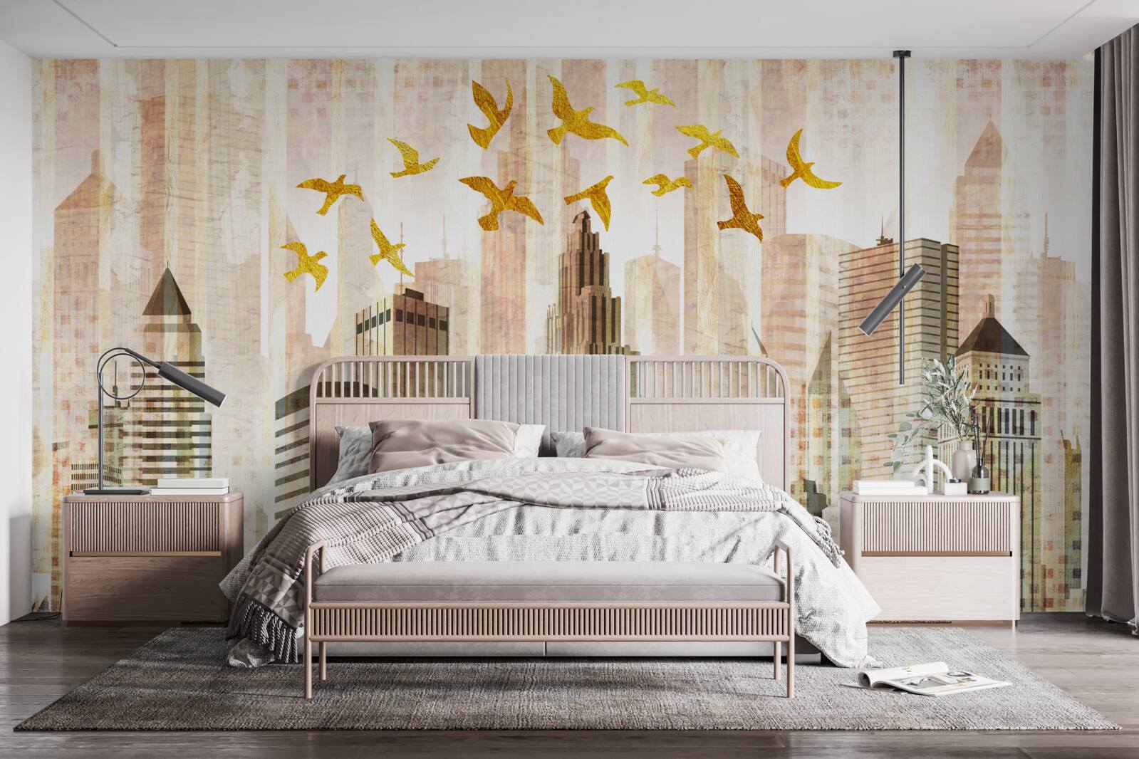 Papier peint les gratte-ciel au-dessus desquels volent les oiseaux