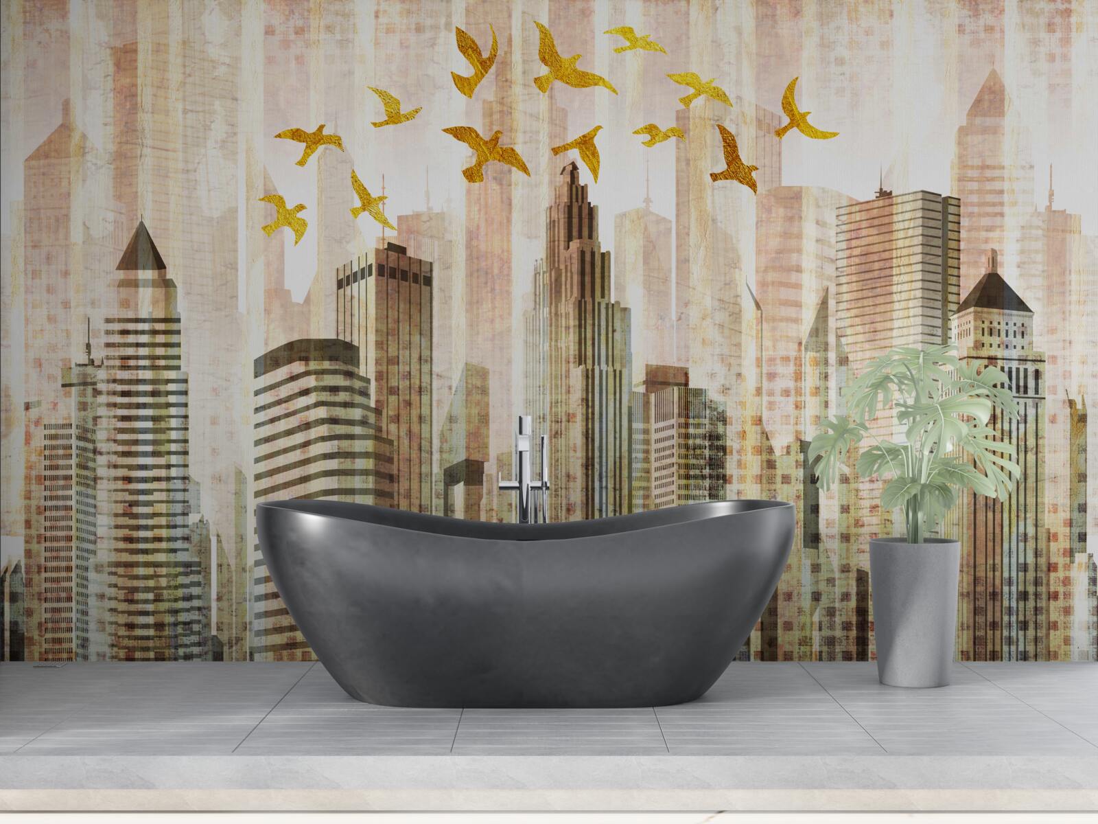 Papier peint les gratte-ciel au-dessus desquels volent les oiseaux