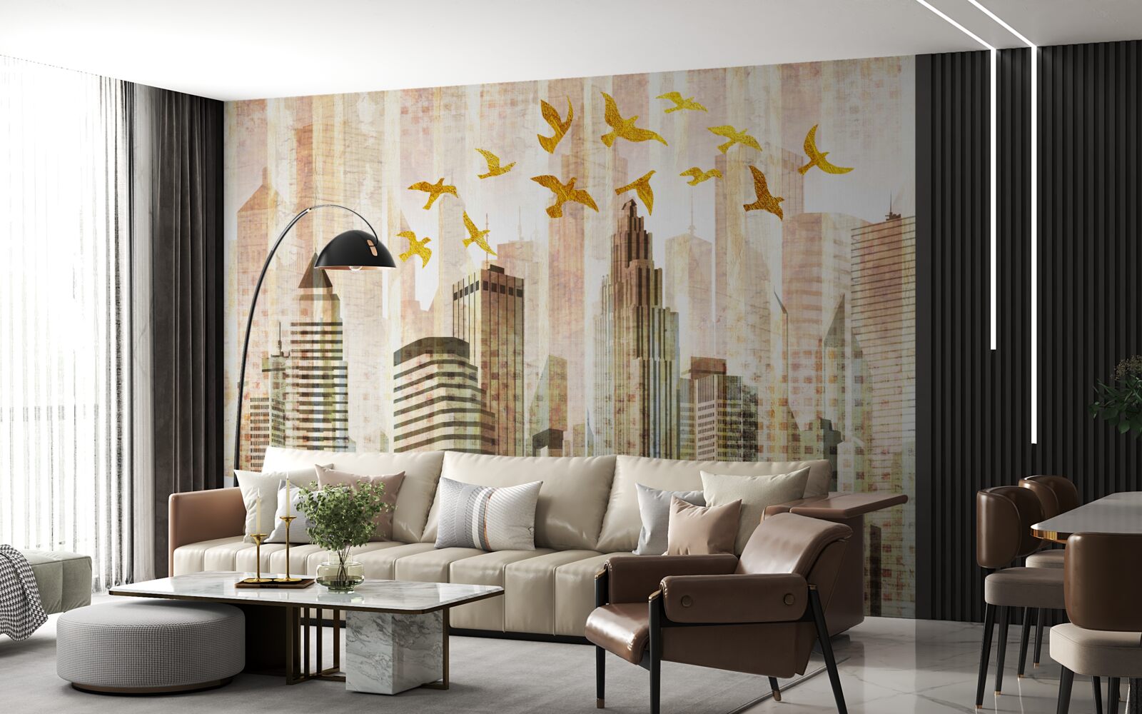 Papier peint les gratte-ciel au-dessus desquels volent les oiseaux