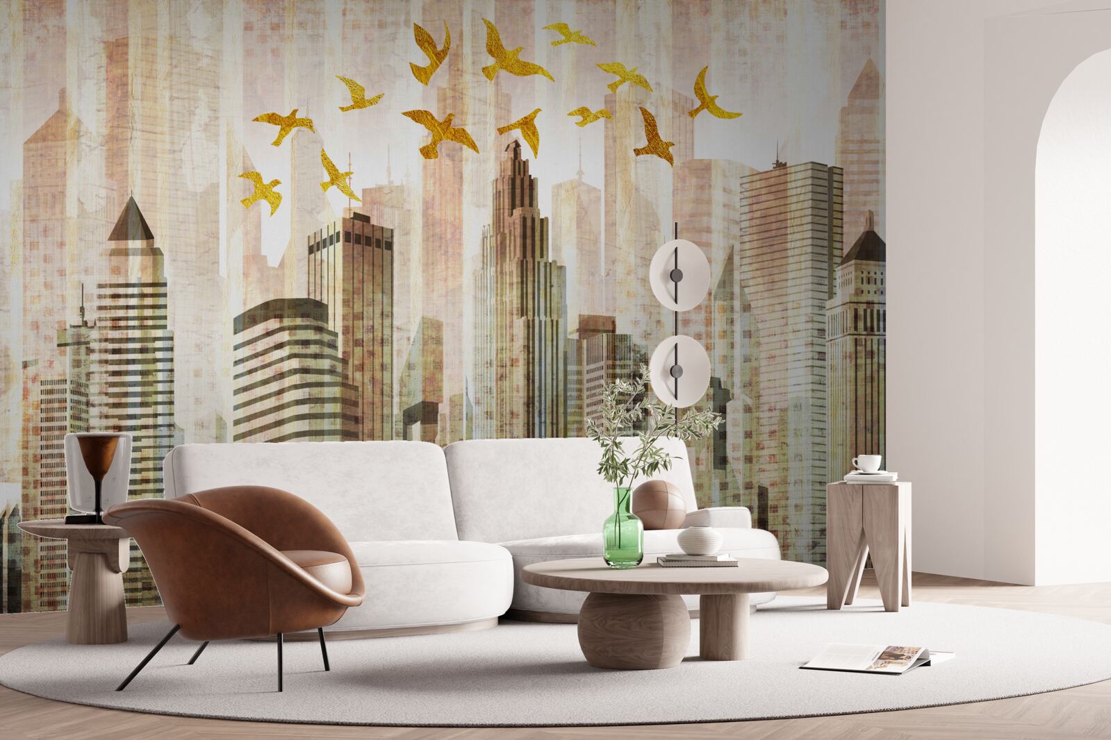 Papier peint les gratte-ciel au-dessus desquels volent les oiseaux