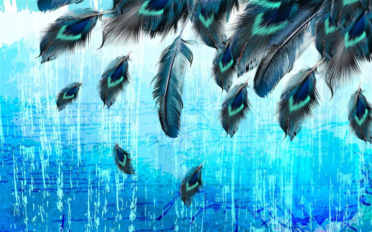 Papier peint plumes de paon sur fond bleu