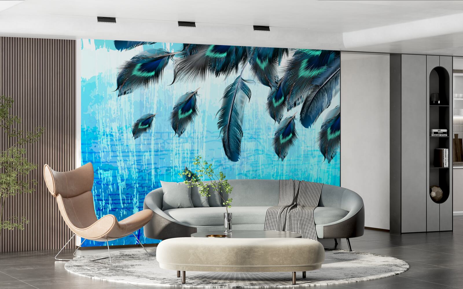 Papier peint plumes de paon sur fond bleu