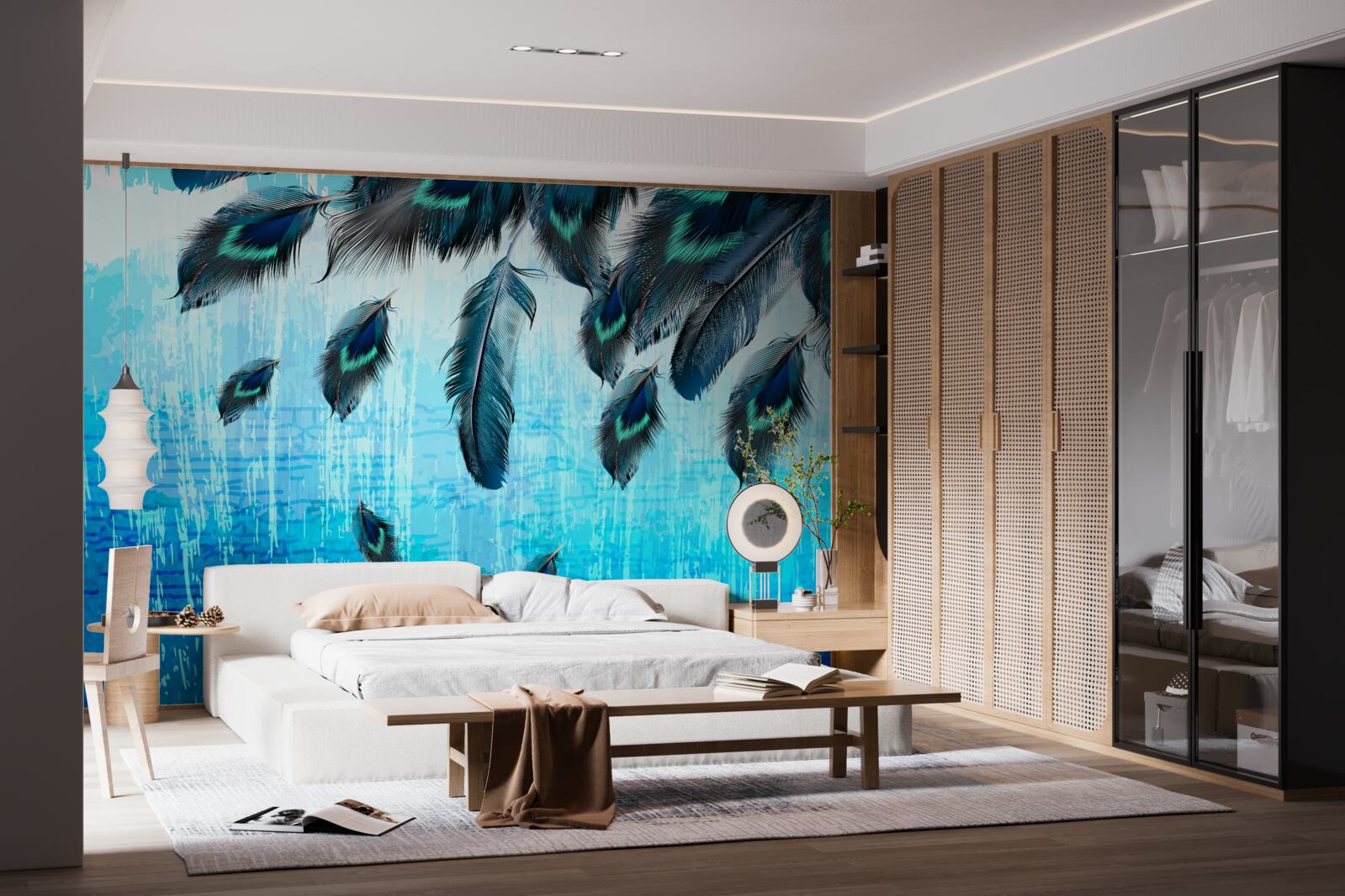 Papier peint plumes de paon sur fond bleu