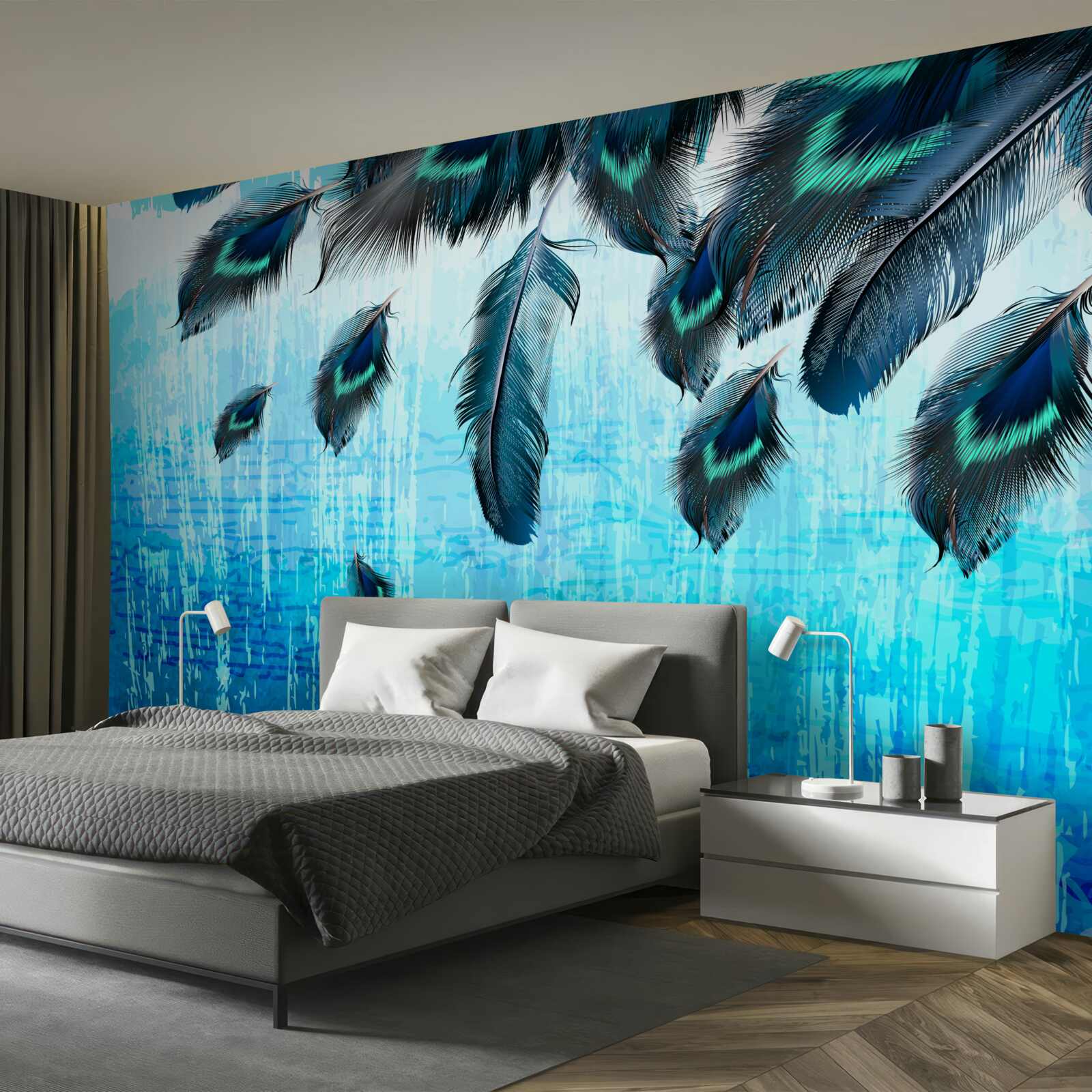 Papier peint plumes de paon sur fond bleu